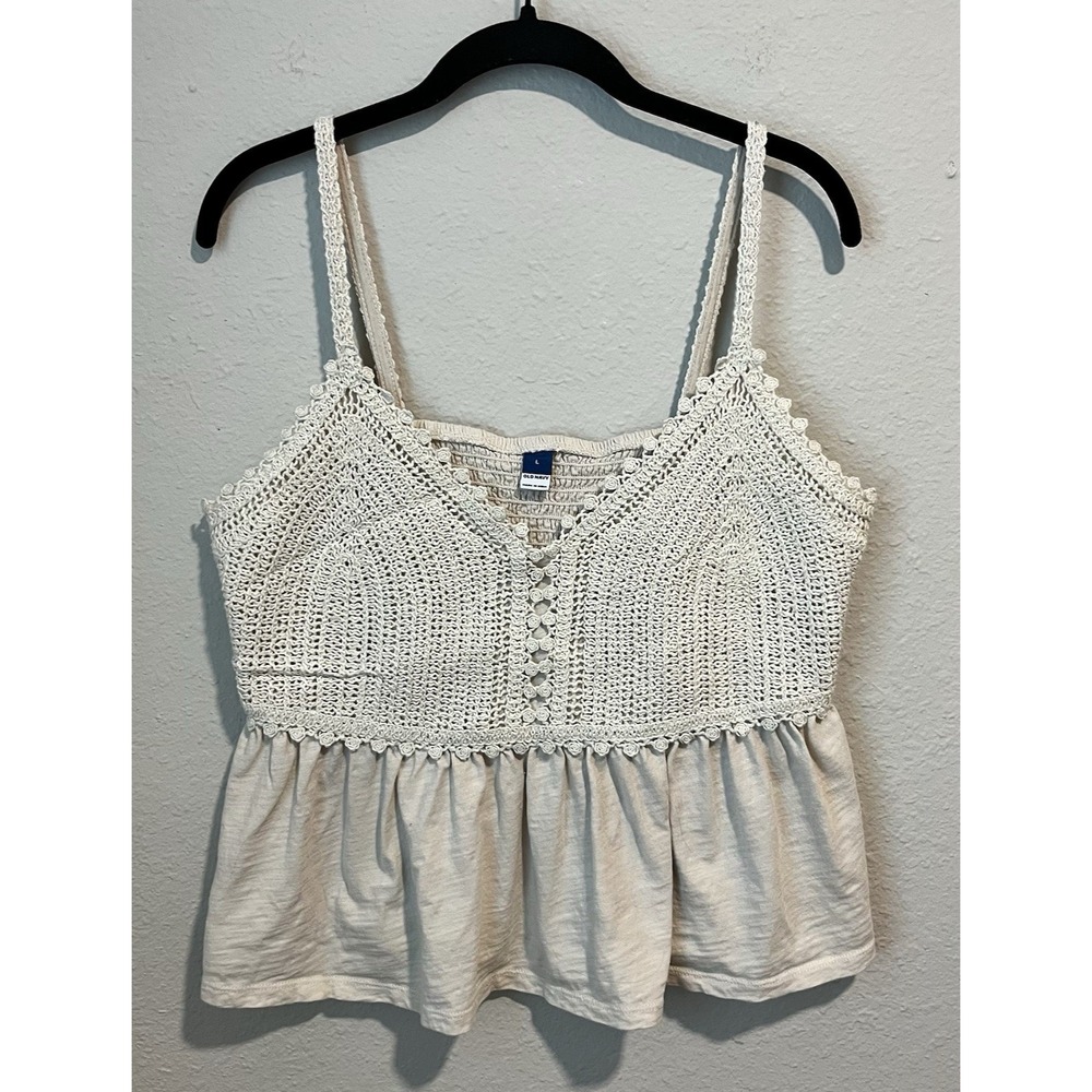 Old Navy Tank Top Womens Large Beige Crochet Peplum Cami Boho Cottagecore